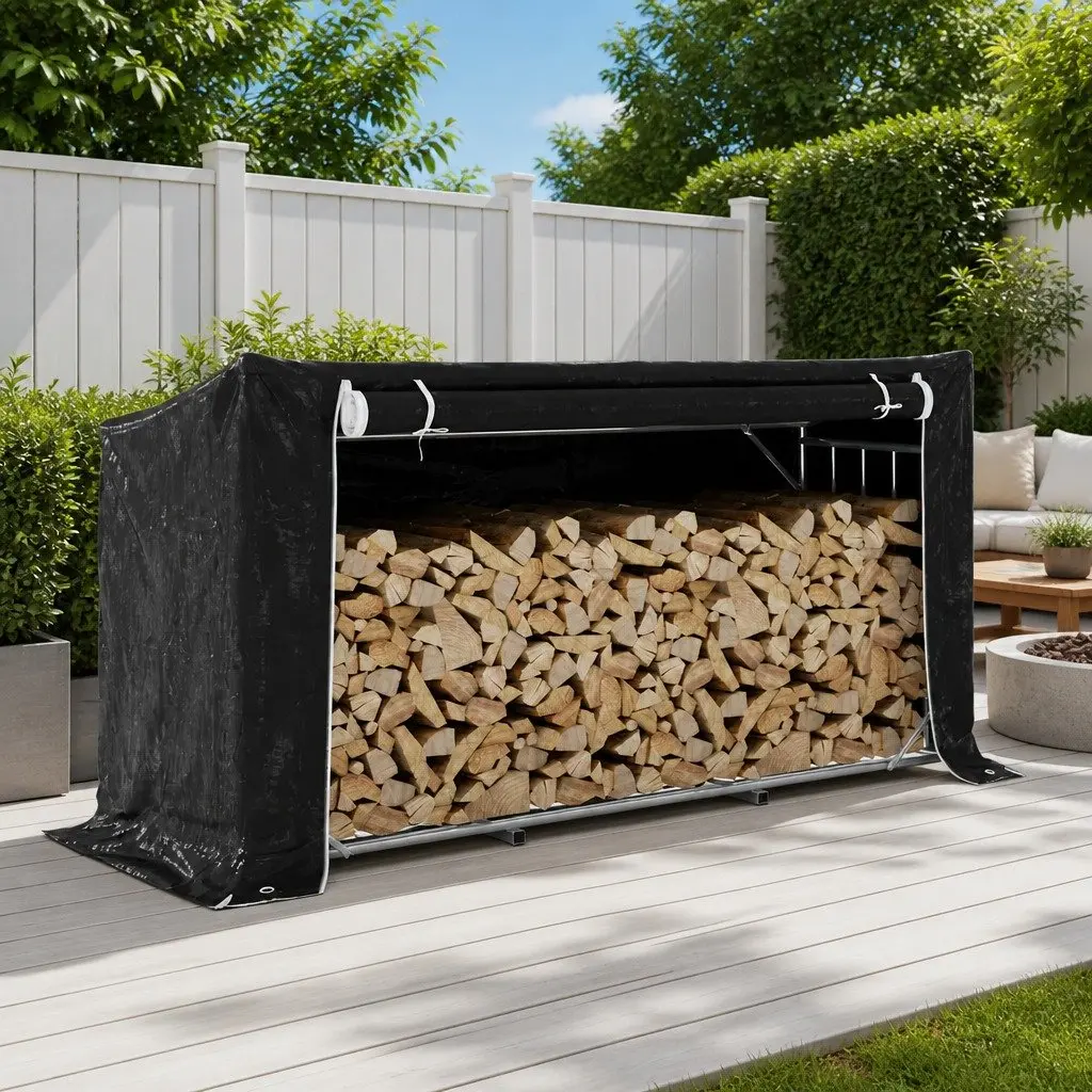 Firewood Rack 200.5x80.5x110.5 cm Galvanised Steel with Zippered Rain Cover