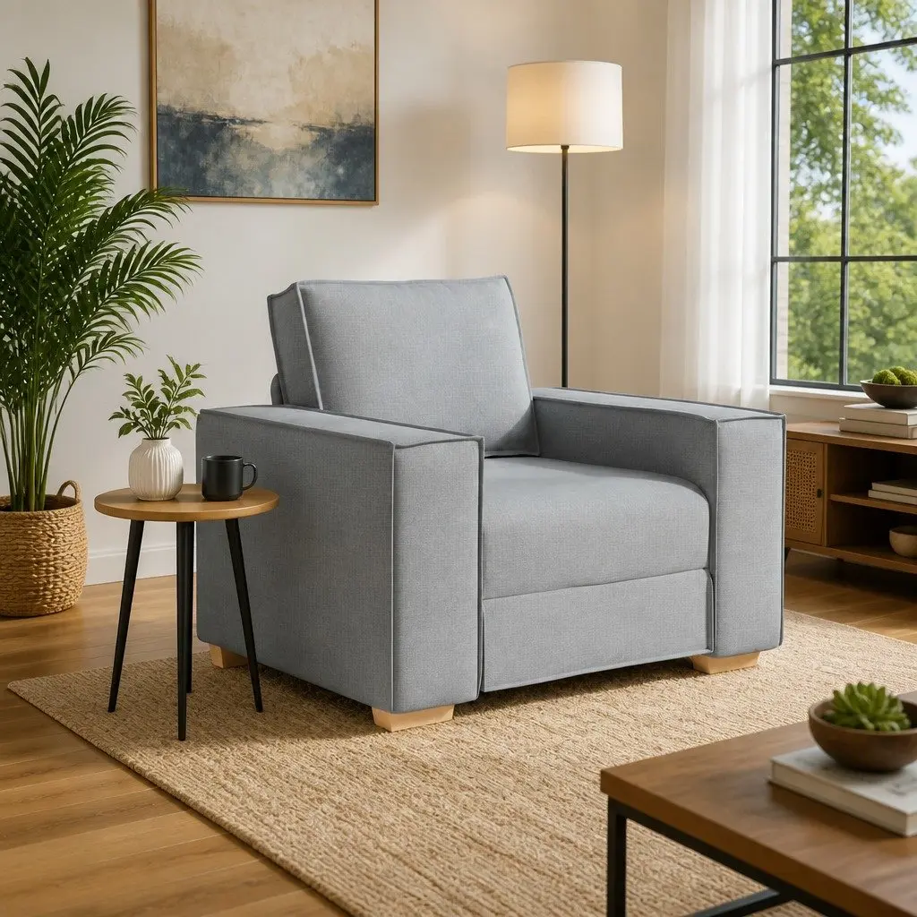 Sofa Chair Light Grey Upholstery Wide Armrests Padded Backrest for Relaxation