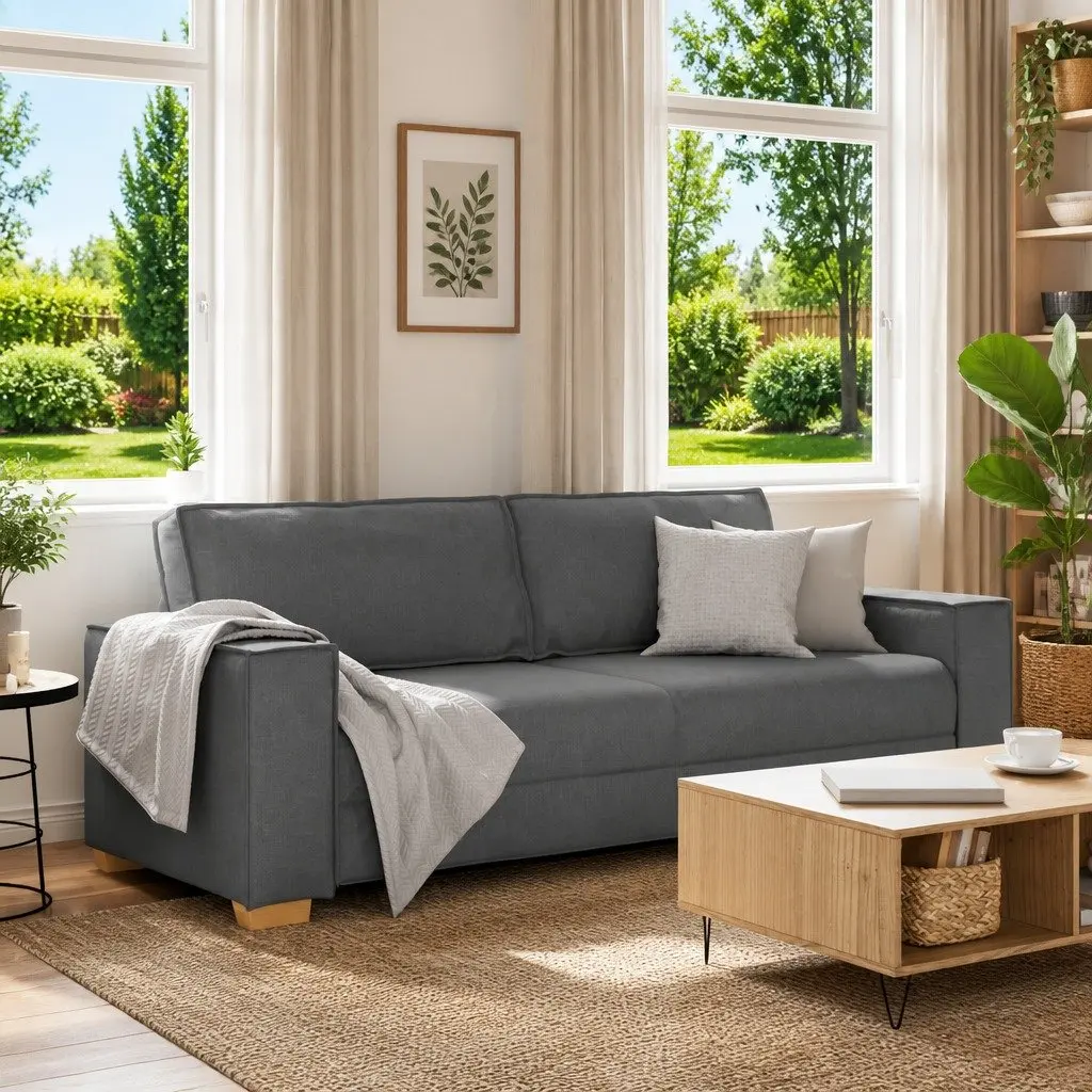 3-Seater Sofa Grey Fabric Lounge Couch 220x78x84cm Soft Durable Upholstered