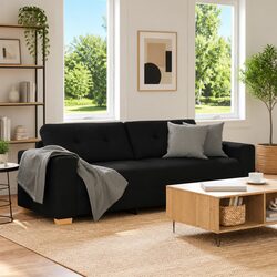 3-Seater Sofa Black Fabric Modern Living Room Lounge Couch Relax Seating 220cm