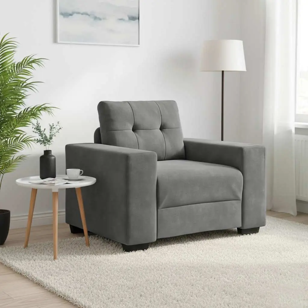 Sofa Chair Grey Velvet Modern Armchair Thickly Padded Foam Seat