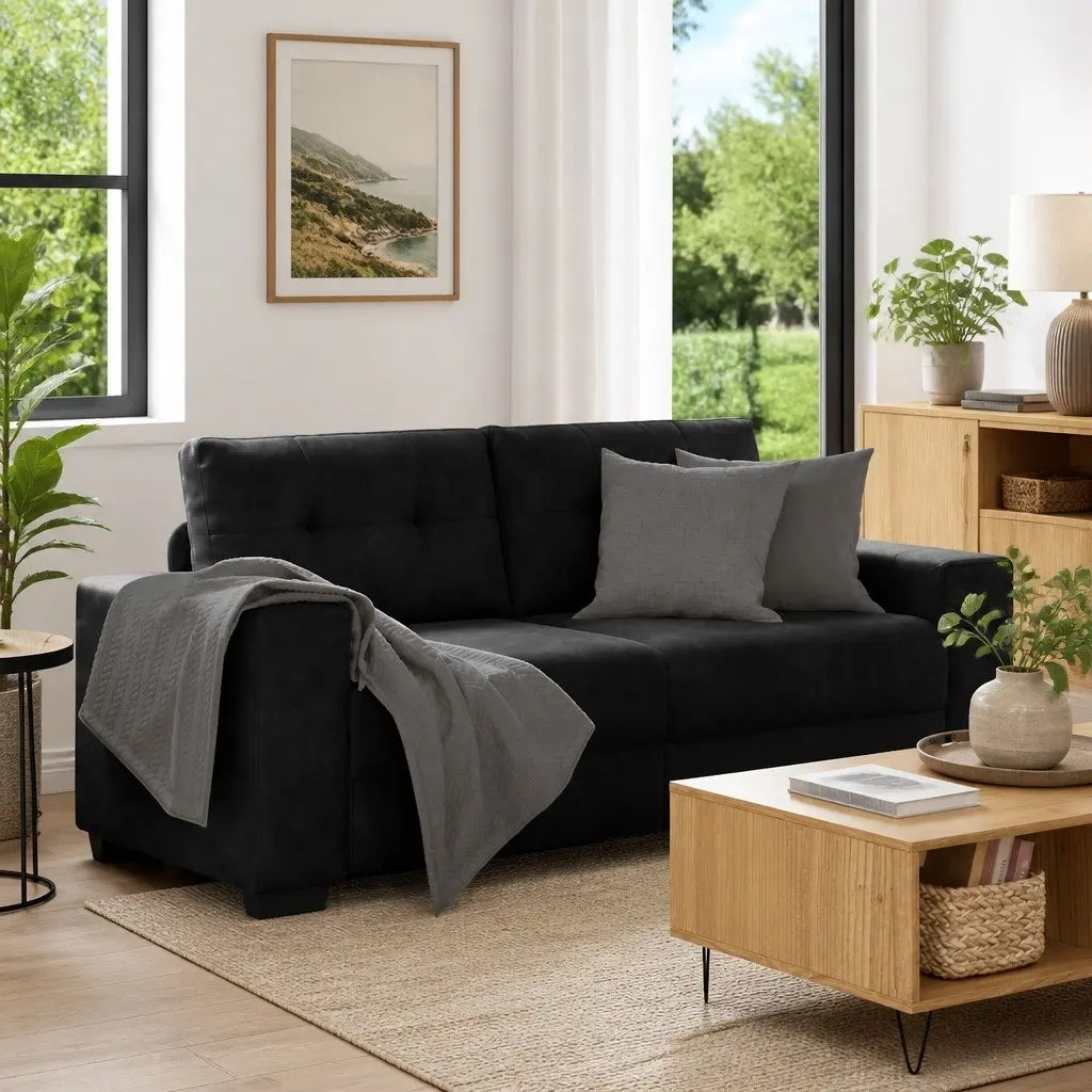 Loveseat Sofa Black Velvet 180x77x82cm Comfortable Padded Seating Armchair