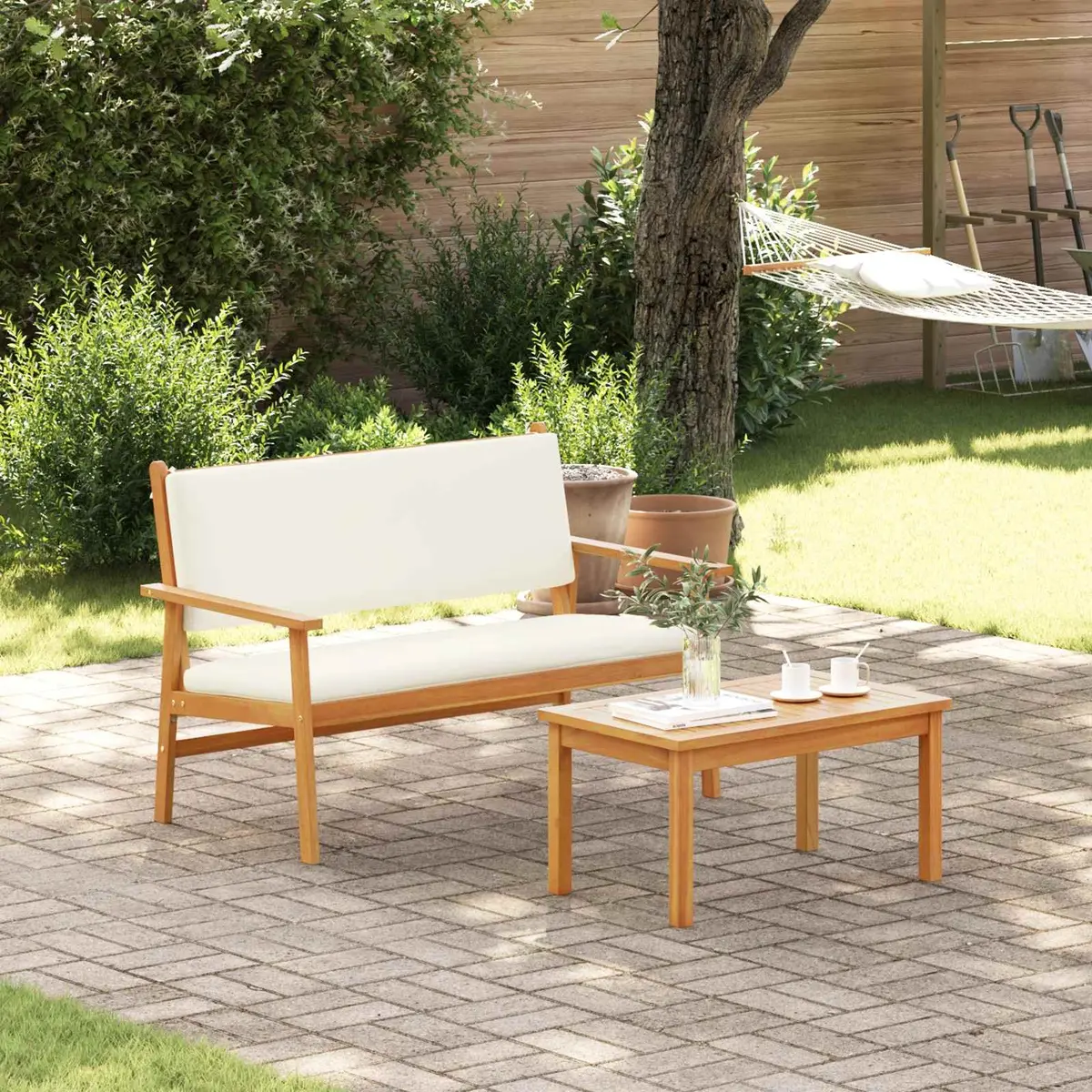 Garden Bench with Cushion Cream White Modern Outdoor Furniture Seating