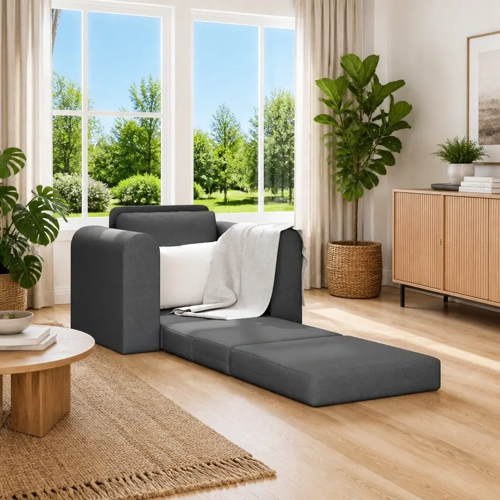 Sofa Bed Grey Convertible Manual Adjustment Fabric for Living Room