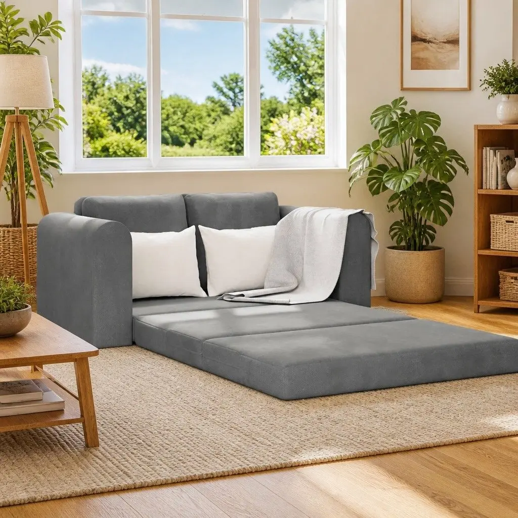Sofa Bed Grey Velvet 148x71x83cm Convertible Couch Modern Living Room Guest Space