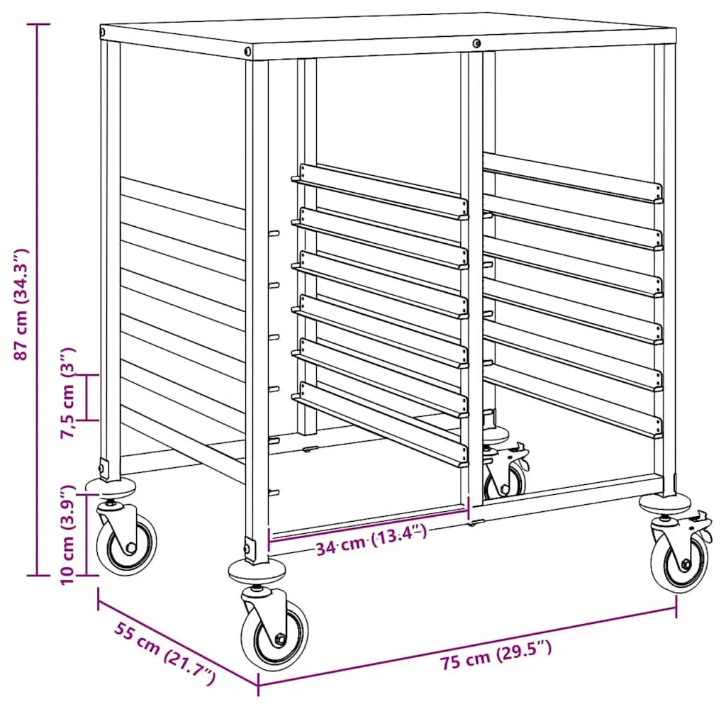Tray Trolley Stainless Steel Kitchen Dining Service Cart with Adjustable Height and Silent Rotating Castors