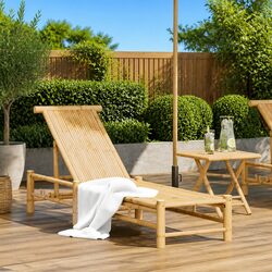 Sun Lounger Bamboo Outdoor Lounge Chair Adjustable Backrest Garden Patio Pool