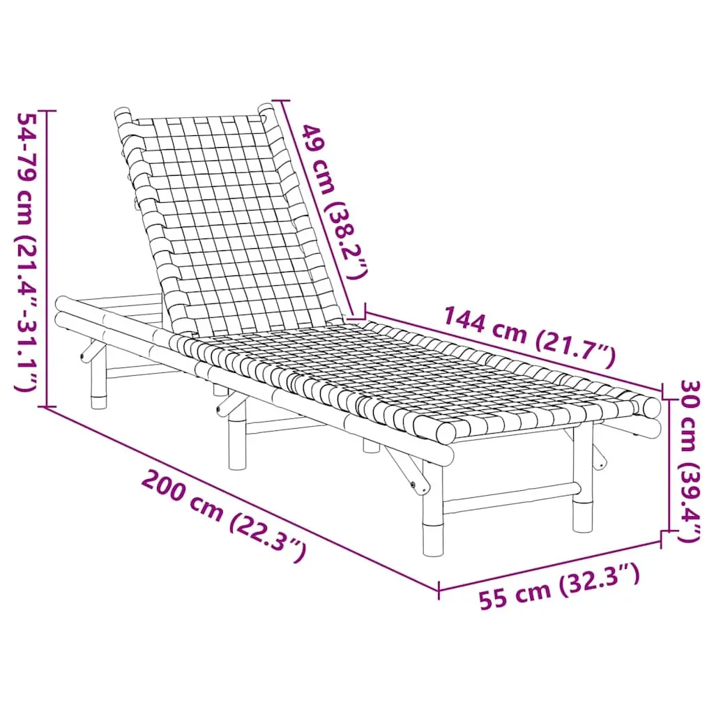 Sun Lounger Bamboo Frame Adjustable Backrest Garden Patio Relaxing Lounging