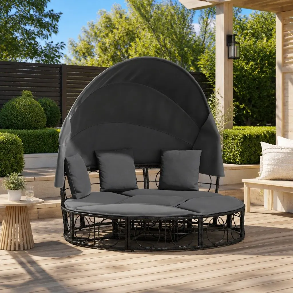 Modular Outdoor Lounge Bed with Retractable Canopy Cushions Black Rattan