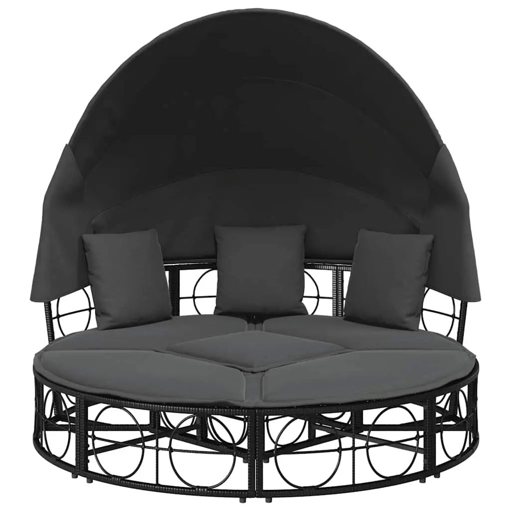 Modular Outdoor Lounge Bed with Retractable Canopy Cushions Black Rattan
