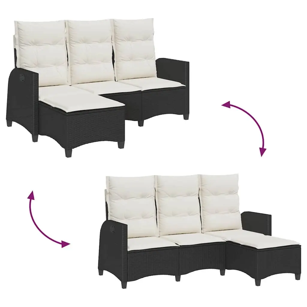 L-shaped Reclining Garden Sofa Black Poly Rattan Adjustable Backrests with Thick Cushions