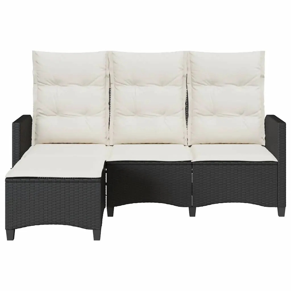 L-shaped Reclining Garden Sofa Black Poly Rattan Adjustable Backrests with Thick Cushions