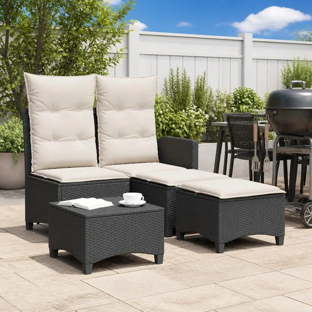 Garden Stools 2 pcs Black Outdoor Foot Rests Poly Rattan Cushions