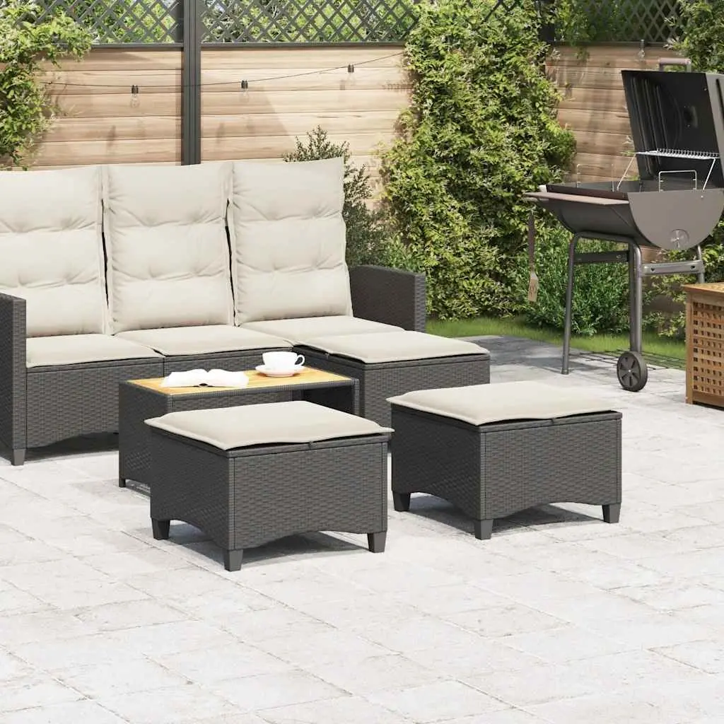 Garden Stools 2 pcs Black Outdoor Foot Rests Poly Rattan Cushions