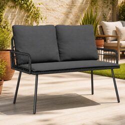 Garden Bench Outdoor Seating with Cushion Modern Steel Frame Poly Rattan 114cm