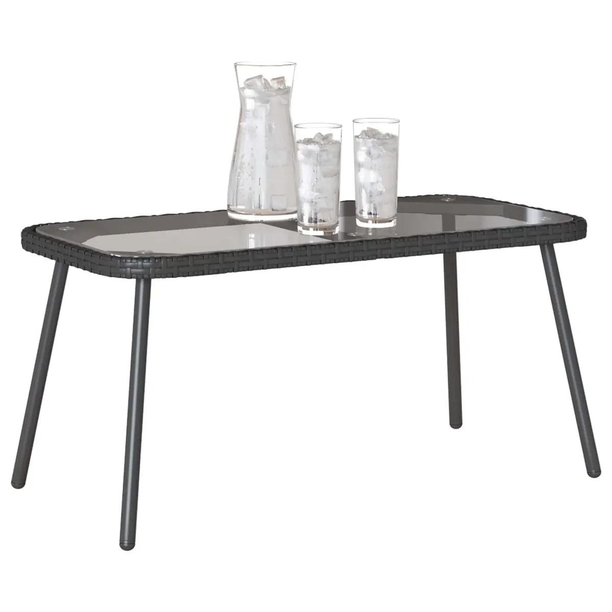 Outdoor Coffee Table Black Poly Rattan Garden Terrace Furniture with Glass Top