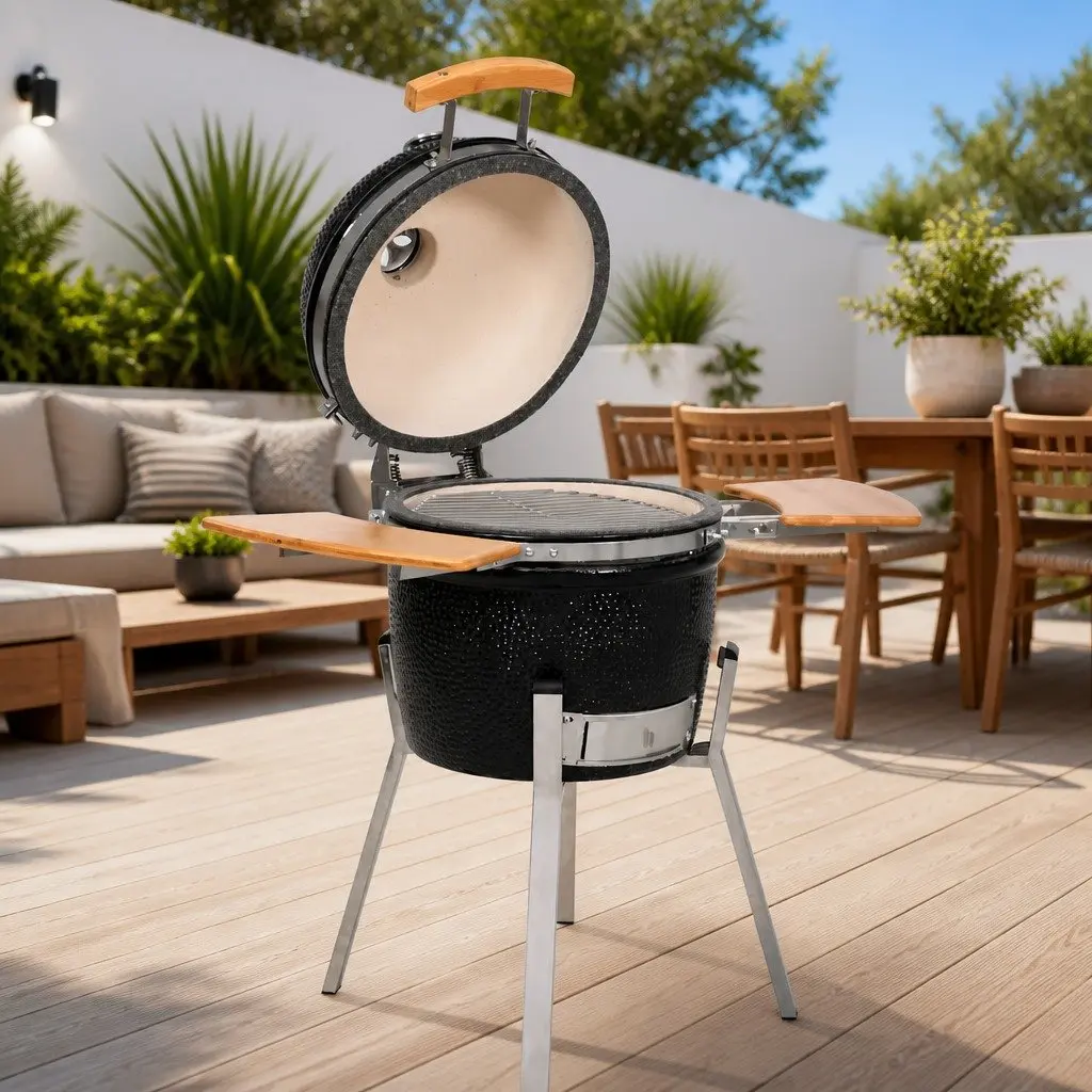 Kamado Barbecue Grill 33cm Ceramic Black Outdoor Cooking Smoker with Hinged Lid and Thermometer
