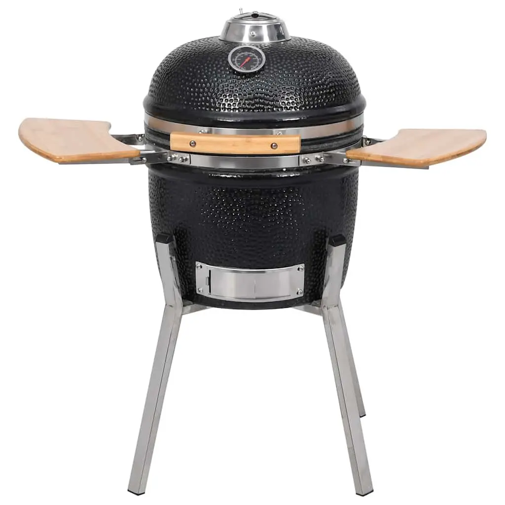 Kamado Barbecue Grill 33cm Ceramic Black Outdoor Cooking Smoker with Hinged Lid and Thermometer