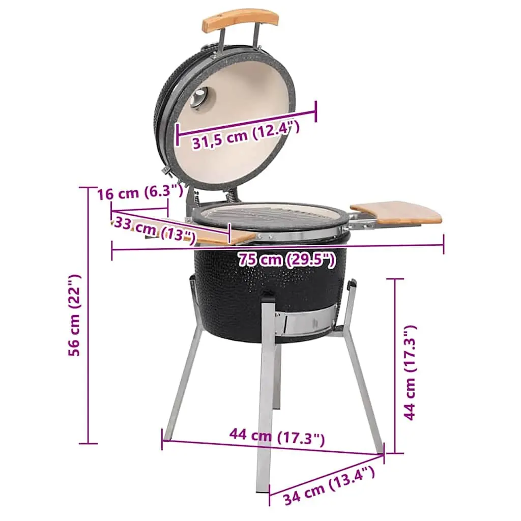 Kamado Barbecue Grill 33cm Ceramic Black Outdoor Cooking Smoker with Hinged Lid and Thermometer