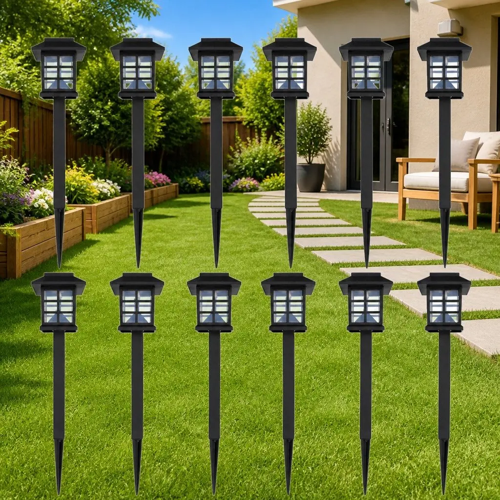 Outdoor Solar Lamp LED Light Set 12 Piece Automatic Dusk to Dawn Operation Rechargeable Batteries