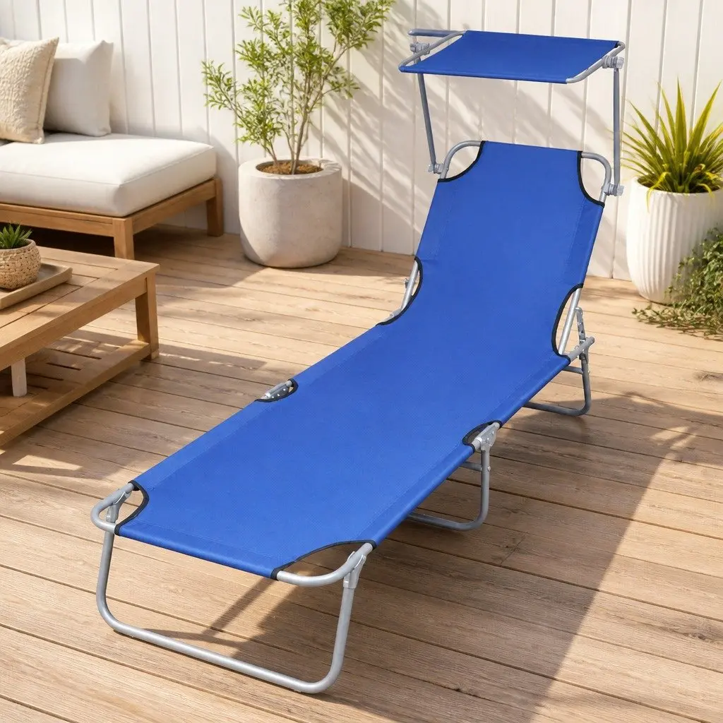 Sun Lounger Folding Adjustable Backrest Outdoor Canopy Blue