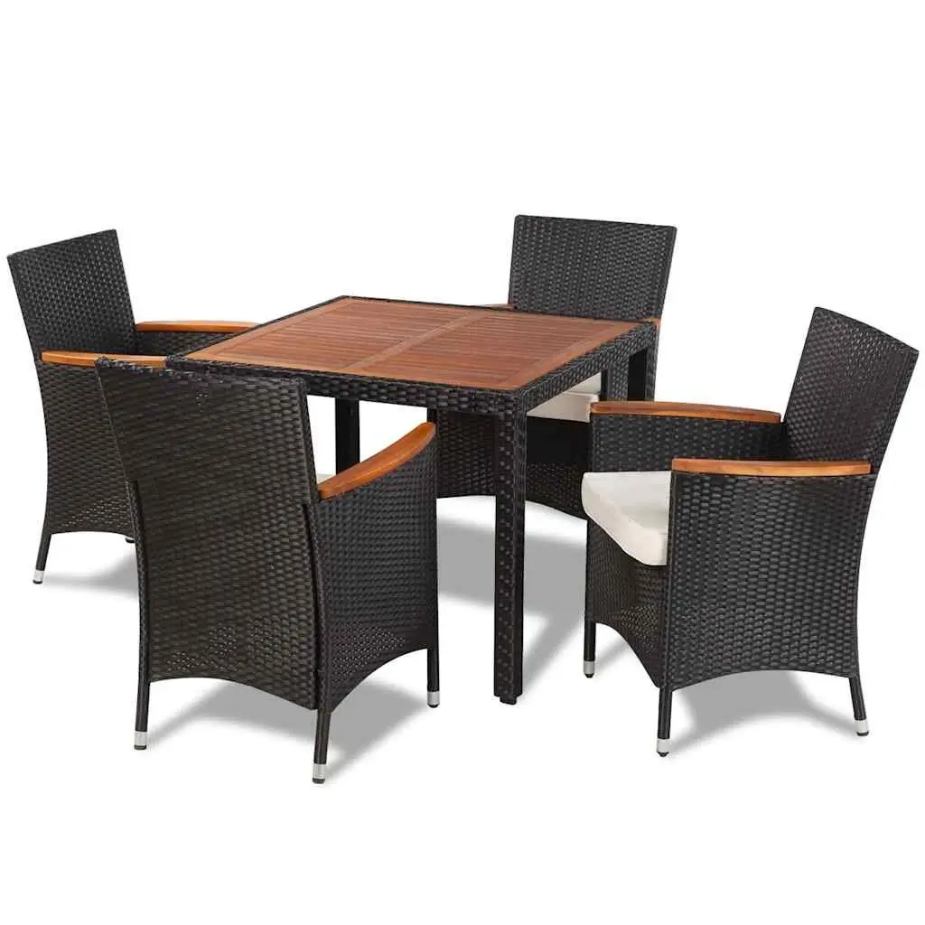 Outdoor Dining Set 5 Piece Black Poly Rattan Table with Acacia Wood Top 4 Chairs with Cushions