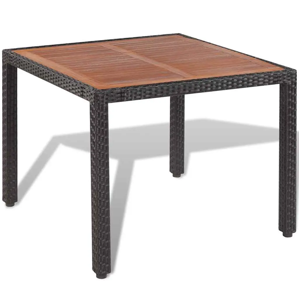 Outdoor Dining Set 5 Piece Black Poly Rattan Table with Acacia Wood Top 4 Chairs with Cushions
