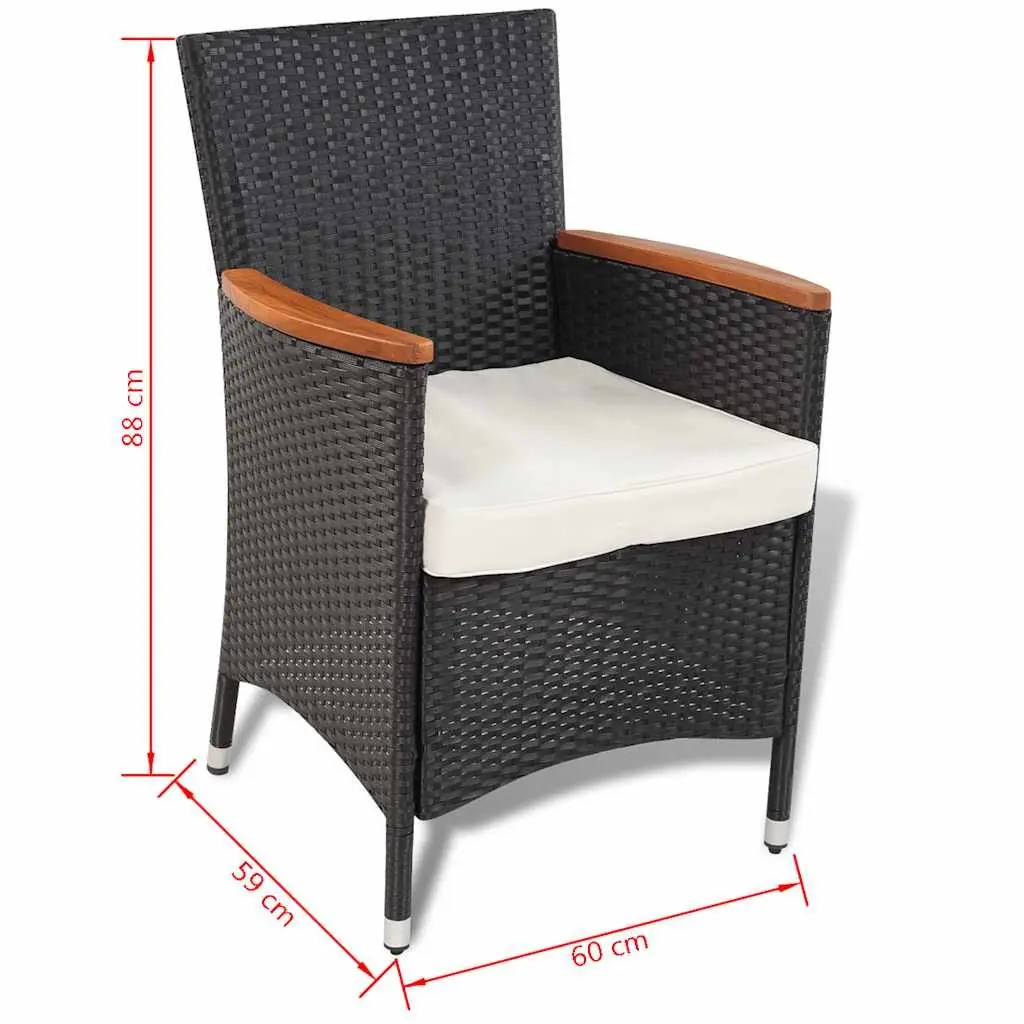 Outdoor Dining Set 5 Piece Black Poly Rattan Table with Acacia Wood Top 4 Chairs with Cushions