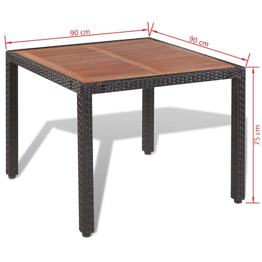Outdoor Dining Set 5 Piece Black Poly Rattan Table with Acacia Wood Top 4 Chairs with Cushions