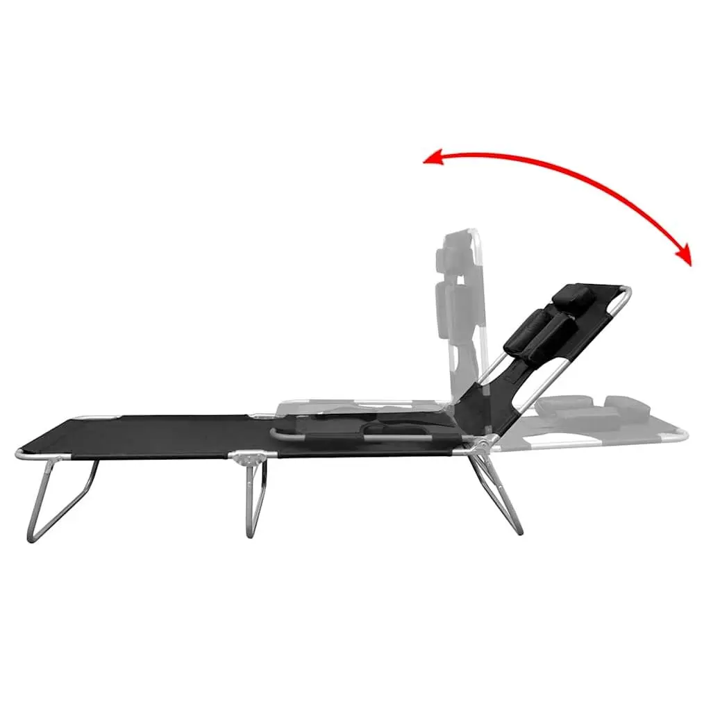 Folding Sun Lounger Black Adjustable Backrest Head Cushion Outdoor Seating