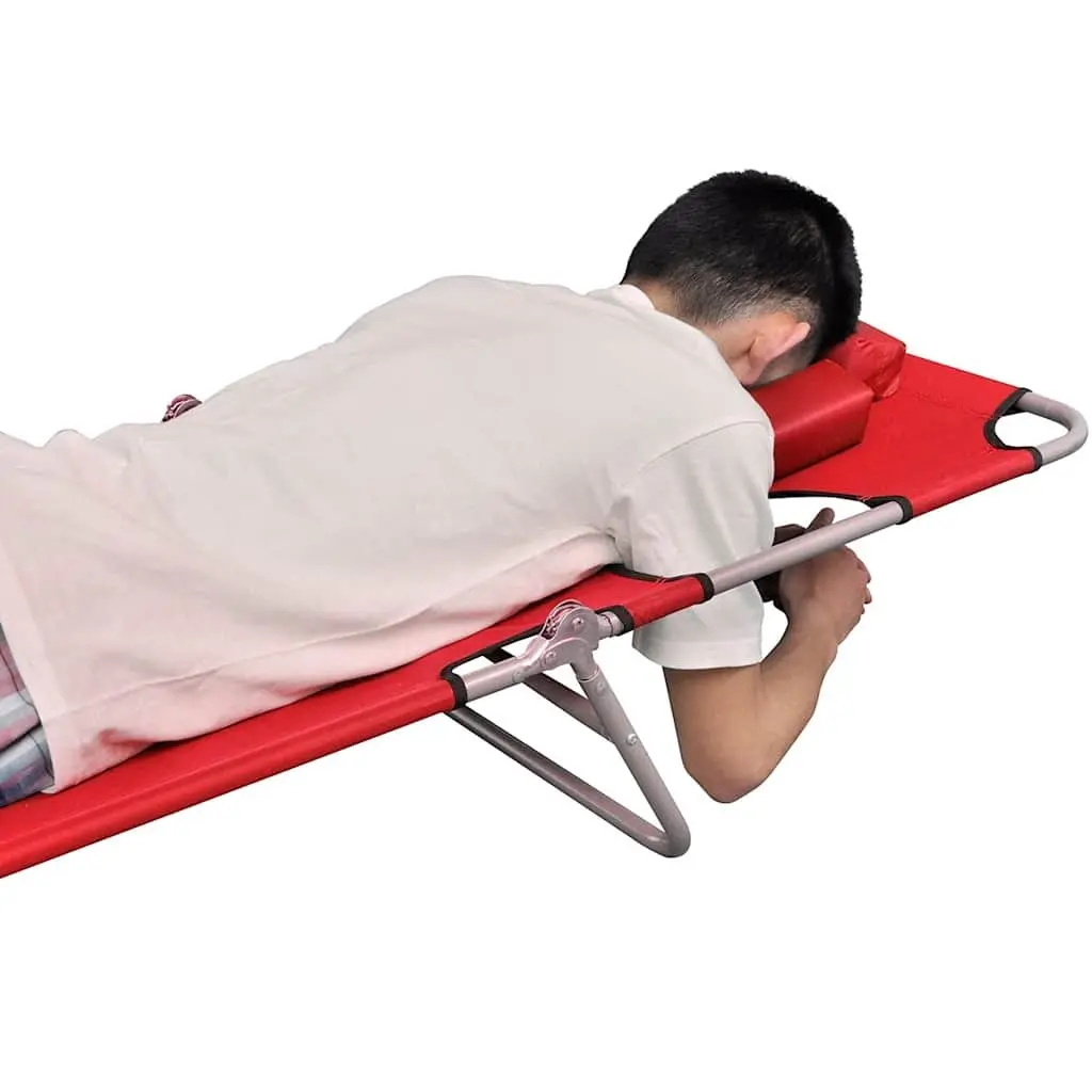 Folding Sun Lounger Red Adjustable Backrest Outdoor Garden Reclining Beach Chair with Head Cushion