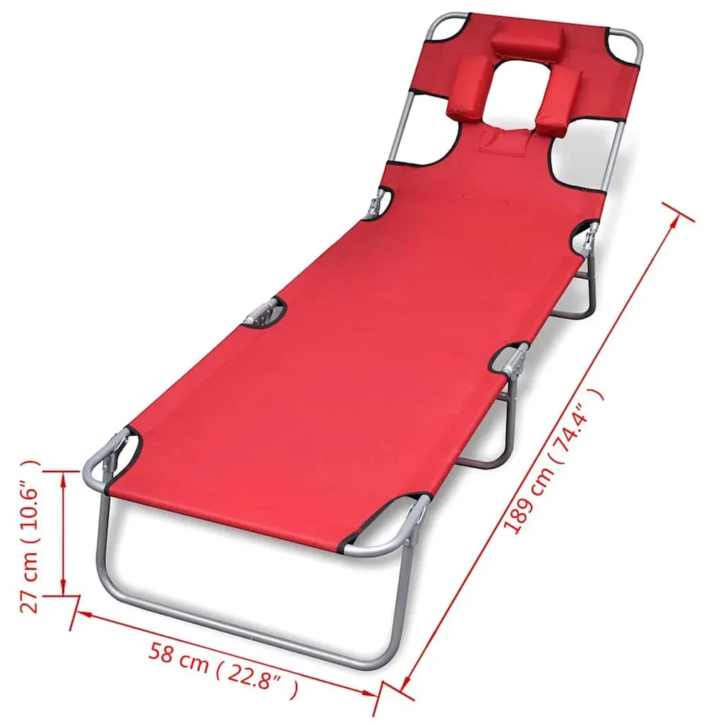 Folding Sun Lounger Red Adjustable Backrest Outdoor Garden Reclining Beach Chair with Head Cushion