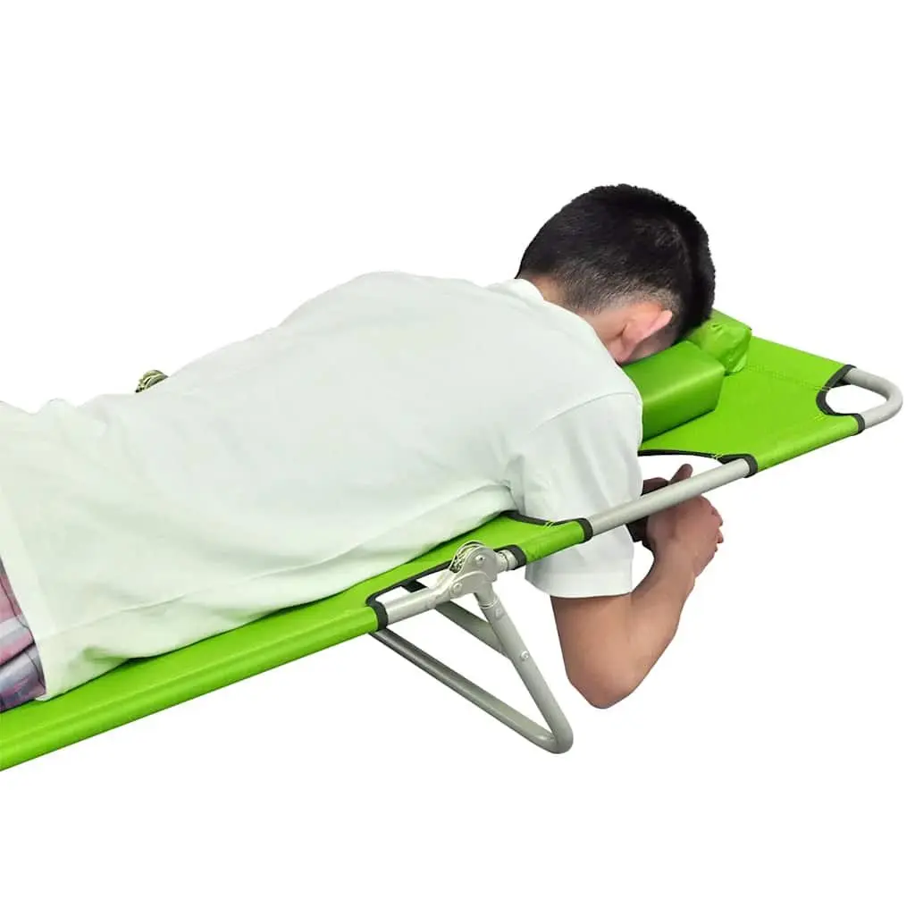 Folding Sun Lounger Green Adjustable Backrest Head Cushion Outdoor Seating