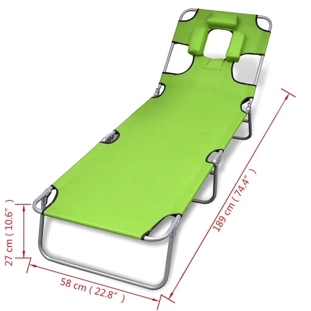 Folding Sun Lounger Green Adjustable Backrest Head Cushion Outdoor Seating