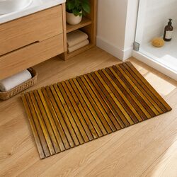 Enhance Your Bathroom with This Brown Acacia Wood Bath Mat