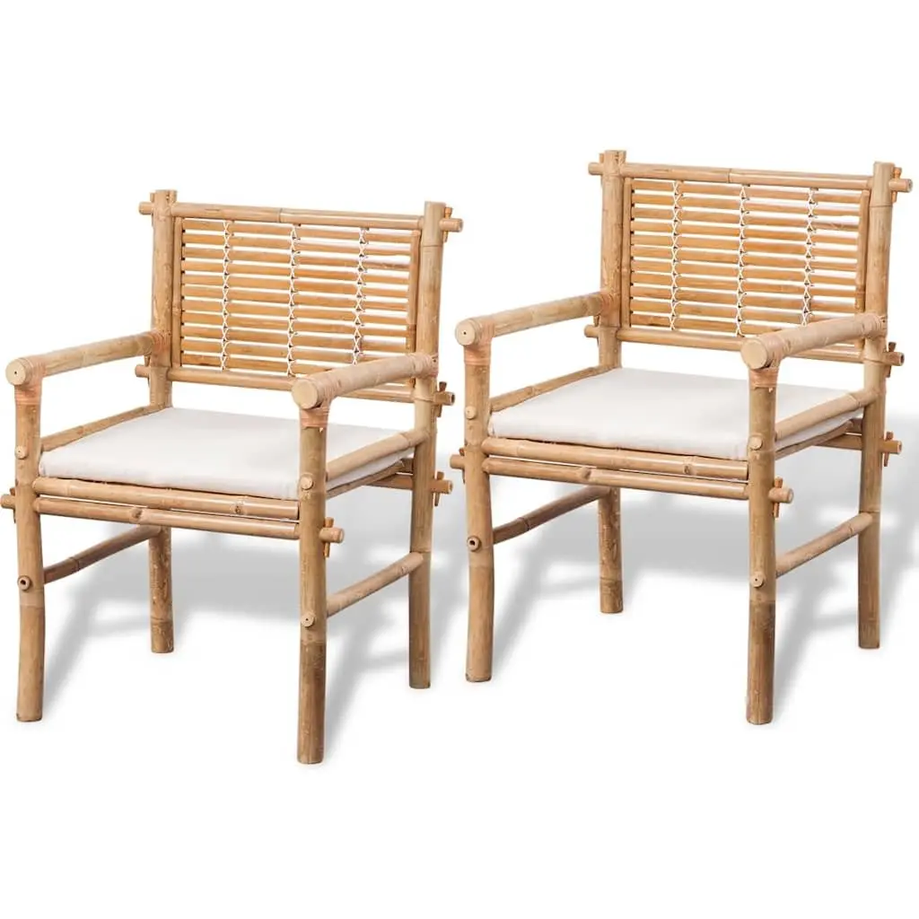 3 Piece Outdoor Bistro Set Brown Bamboo Table Chairs with Seat Cushions