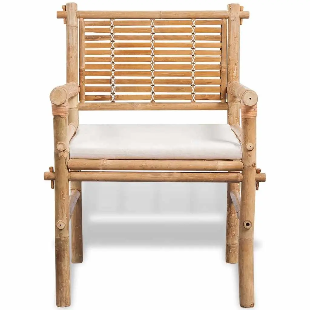 3 Piece Outdoor Bistro Set Brown Bamboo Table Chairs with Seat Cushions