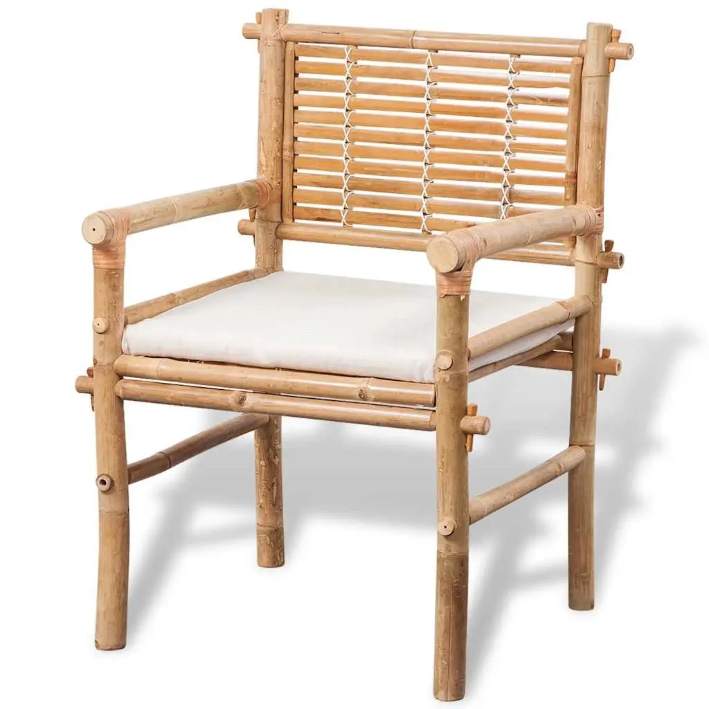 3 Piece Outdoor Bistro Set Brown Bamboo Table Chairs with Seat Cushions
