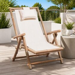 Outdoor Deck Chair Bamboo Canvas Adjustable Backrest Folding Garden Patio