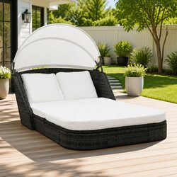 Outdoor Sun Lounger with Canopy Reclining Garden Patio Bed Poly Rattan Black