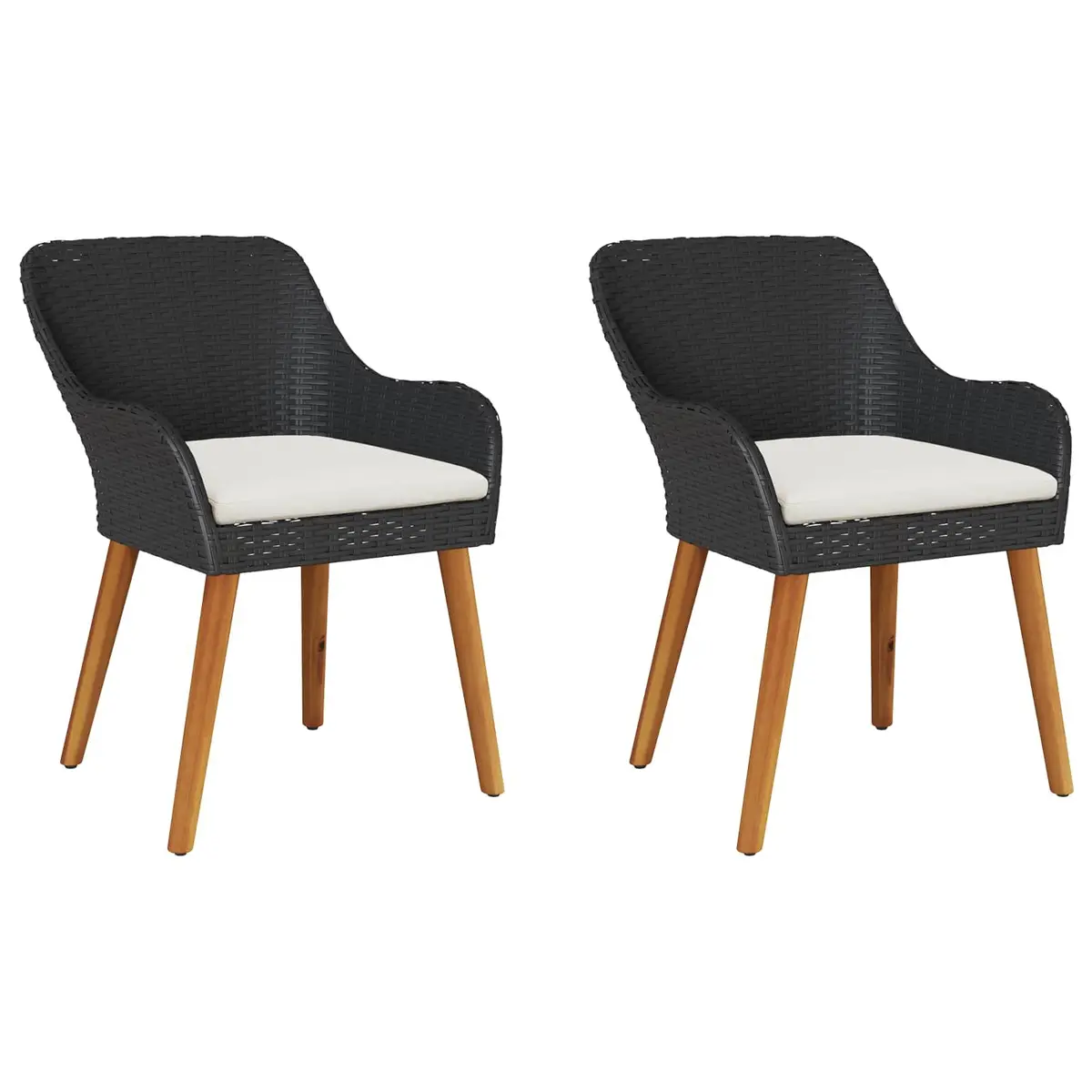 Outdoor Garden Chair Set 2pcs Black Poly Rattan Acacia Wood Legs Weather Resistant Padded Seat