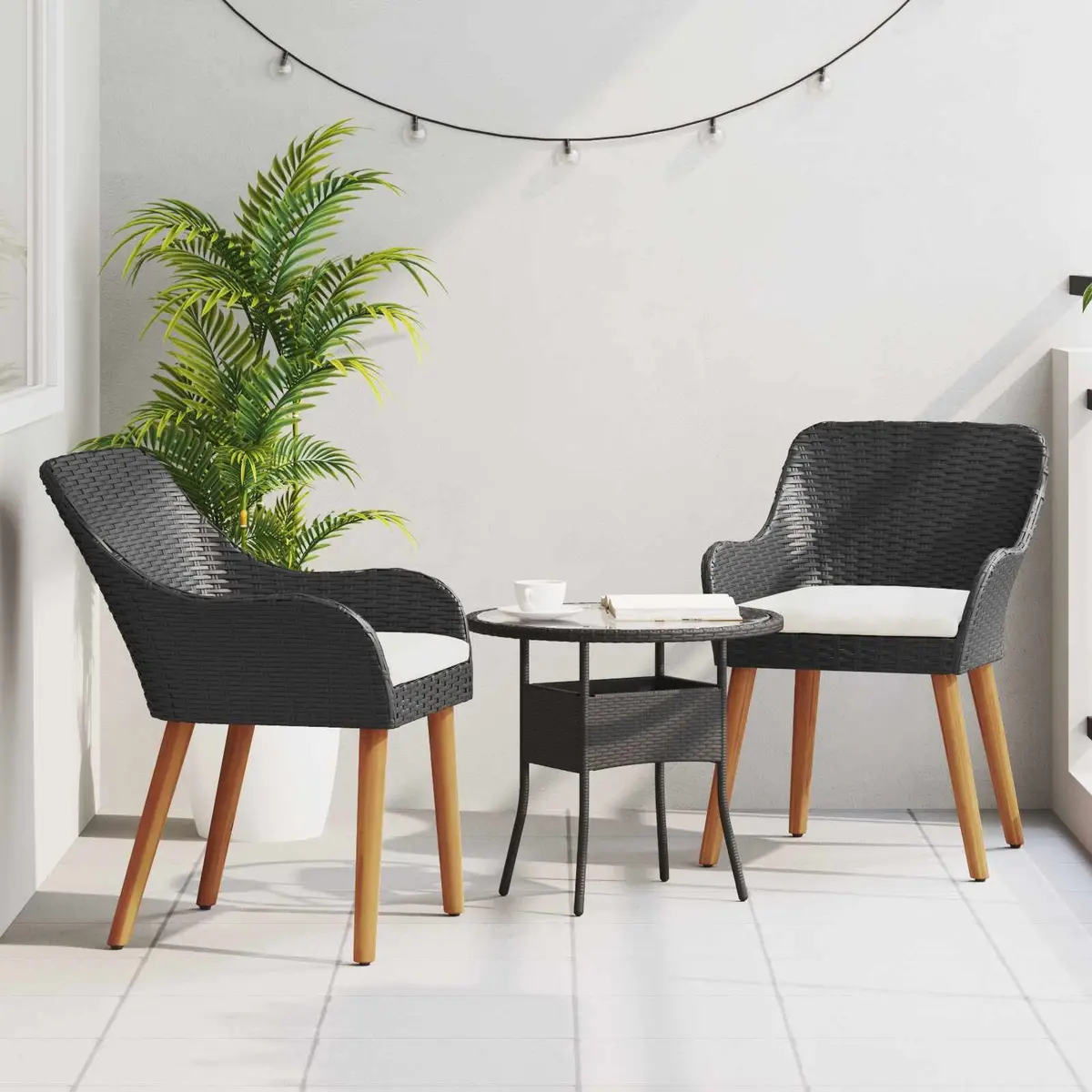 Outdoor Garden Chair Set 2pcs Black Poly Rattan Acacia Wood Legs Weather Resistant Padded Seat