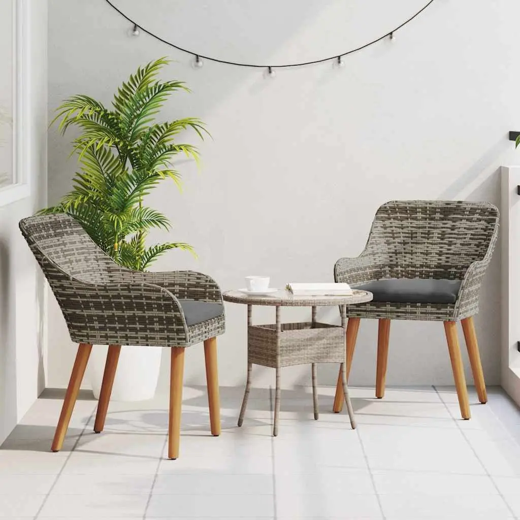 Outdoor Garden Chair Set 2 pcs Grey Poly Rattan with Acacia Wood Legs Weather-Resistant Cushioned Seating