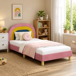Chic Pink Bed Frame with Headboard for Kids 90 x 190 cm