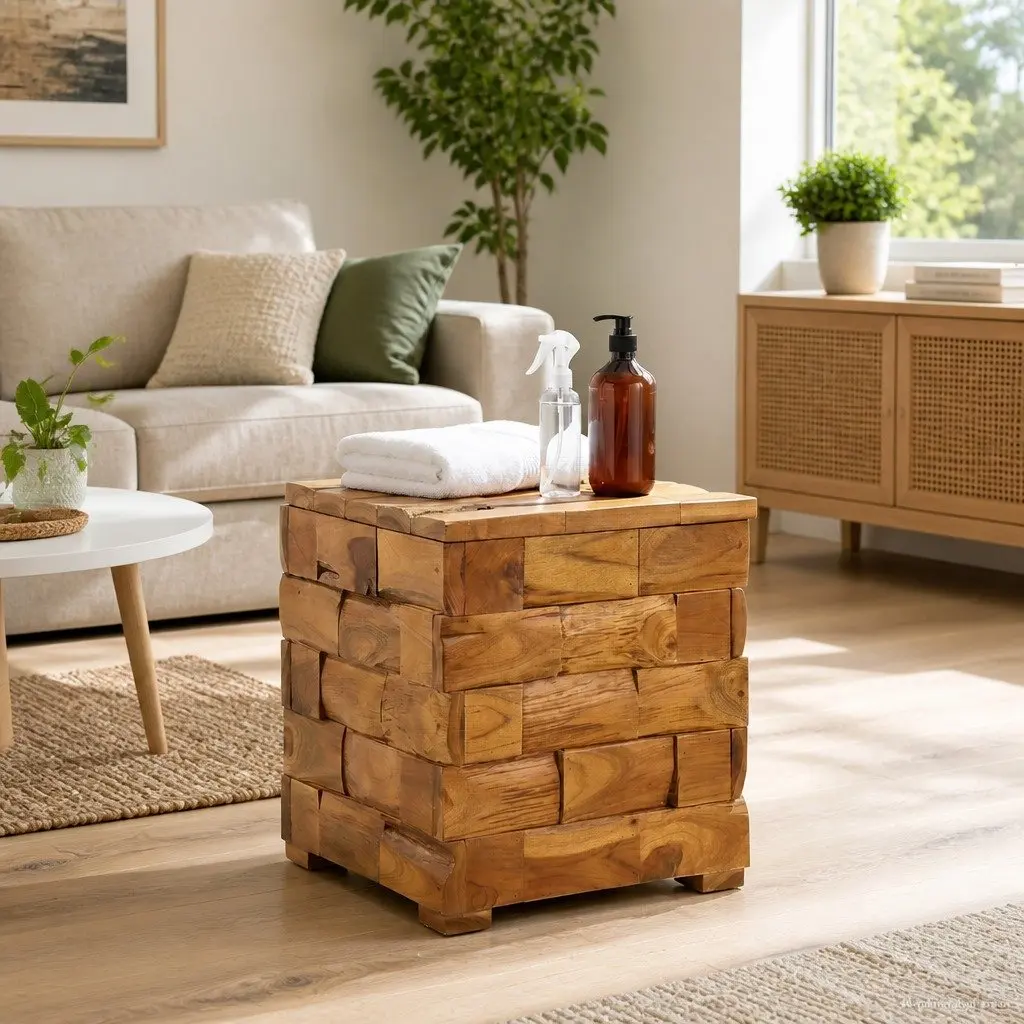 Storage Stool Rectangular Solid Teak Wood Brown Hidden Storage Compartment