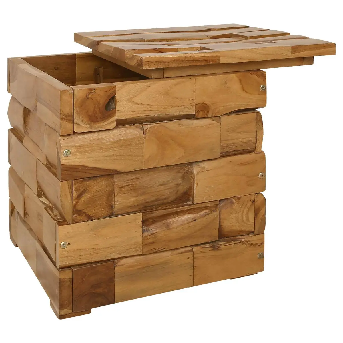 Storage Stool Rectangular Solid Teak Wood Brown Hidden Storage Compartment