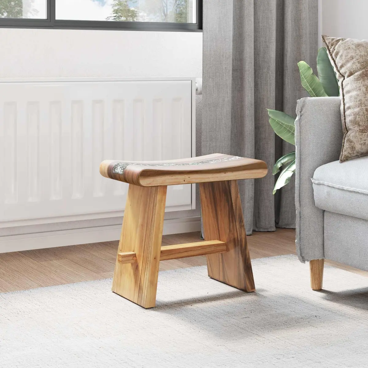 Shower Stool Natural Brown Solid Wood Indoor Seating Plant Stand