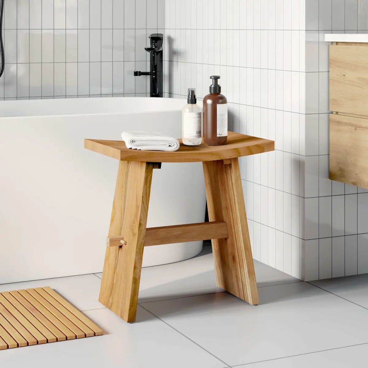 Bathroom Stool Compact Backless Modern Brown Solid Teak Wood Indoor Seating