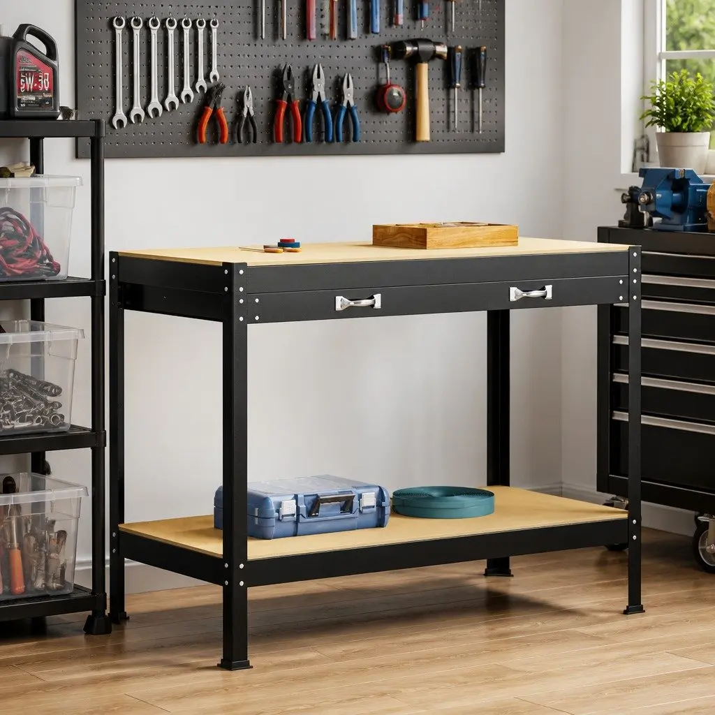 Workbench 114 x 54 x 91 cm Engineered Wood Metal Frame Pegboard Drawer