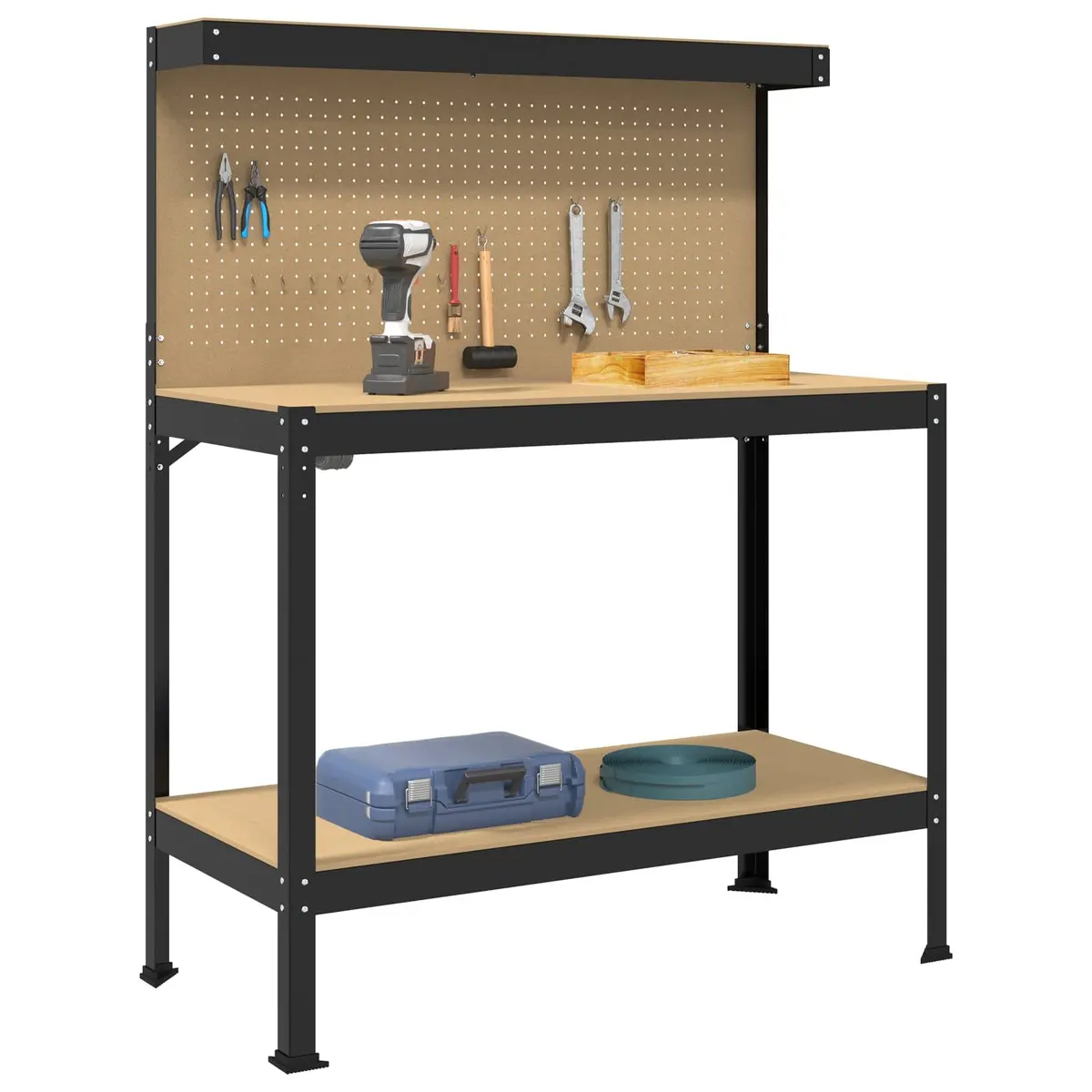 Workbench Black 114 x 54 x 145 cm Engineered Wood Top Metal Frame Tool Organization